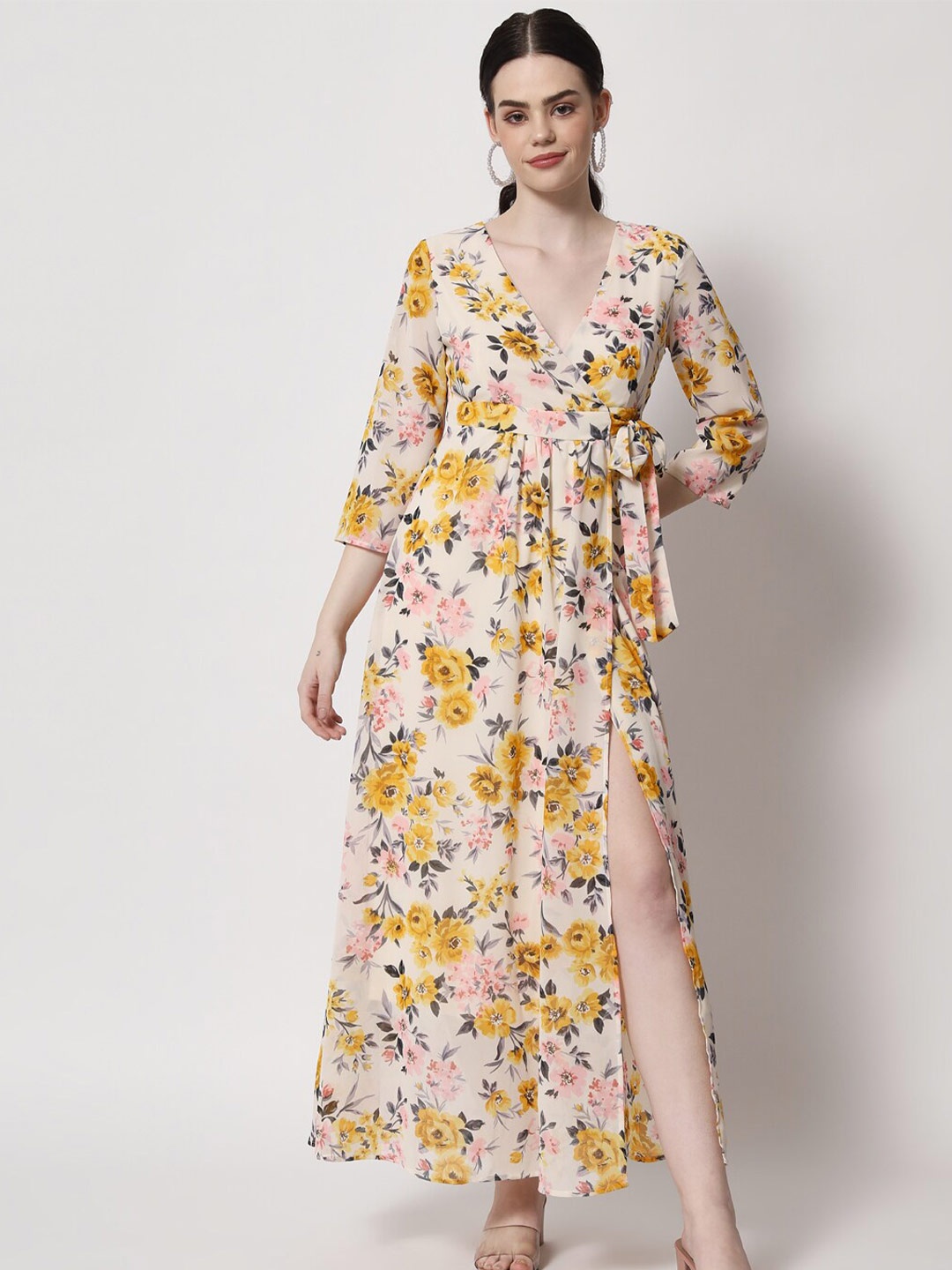 

HERE&NOW Beige & Yellow Floral Georgette Maxi Dress