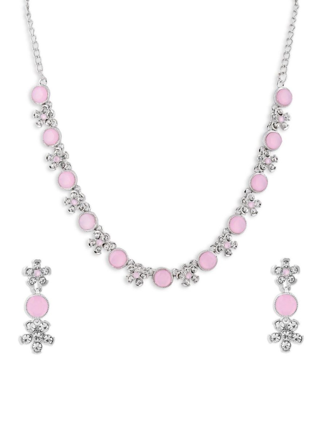 

Efulgenz Silver-Toned & Pink Crystal Studded Rhodium-Plated Jewellery Set