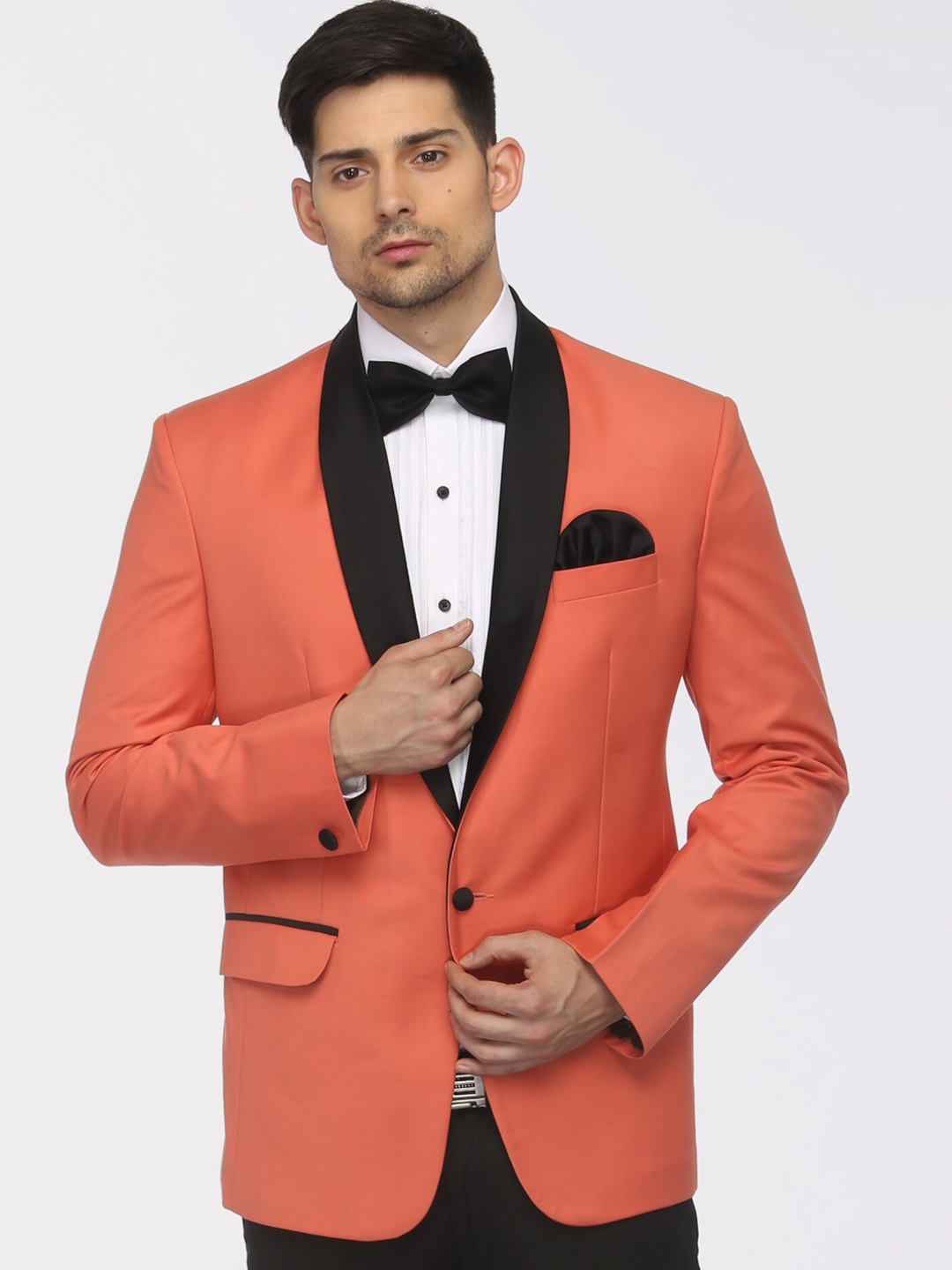 

FAVOROSKI Men Orange Slim-Fit Single-Breasted Tuxedo Blazer