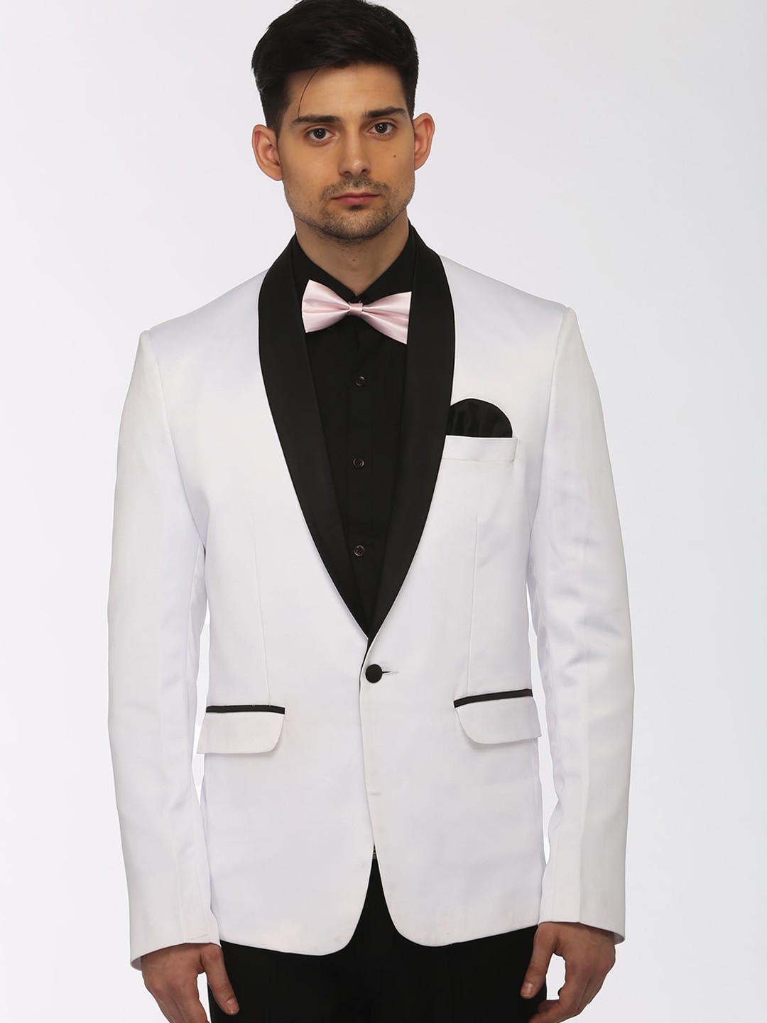 

FAVOROSKI Men White & Black Slim Fit Single-Breasted Tuxedo Blazer