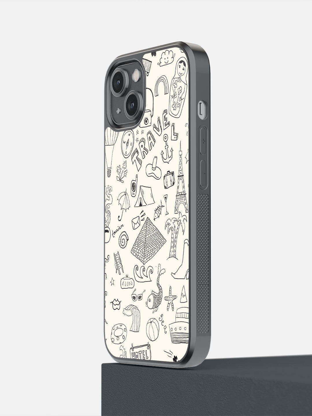 

Macmerise White & Black Travel Doodle Design Printed iPhone 14 Bumper Back Case