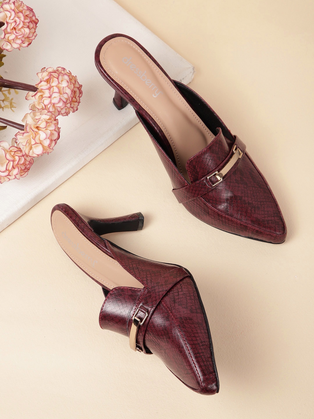 

DressBerry Snake Skin Textured Slim Heel Mules, Maroon