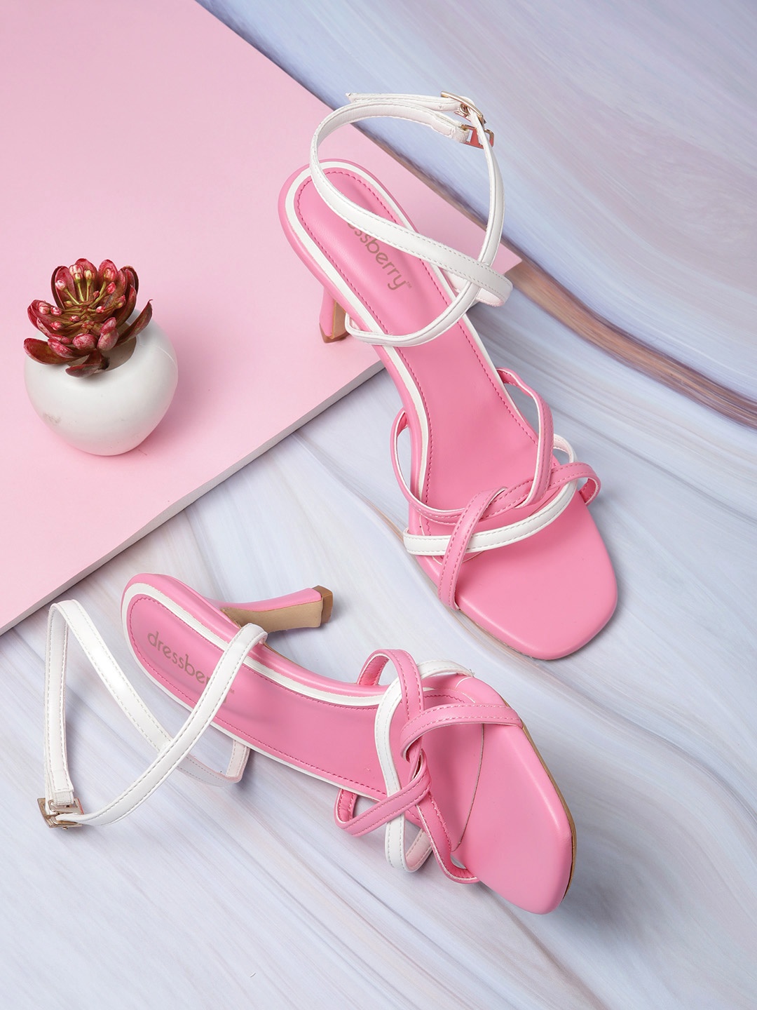 

DressBerry Strappy Colourblocked Slim Heels, Pink