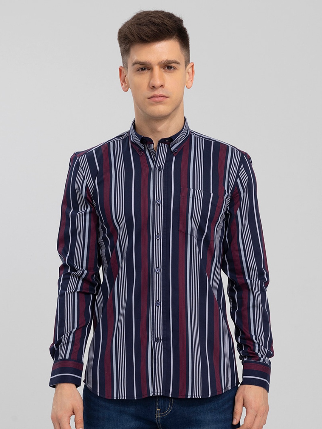 

Snitch Men Navy Blue & Maroon Striped Slim Fit Cotton Casual Shirt