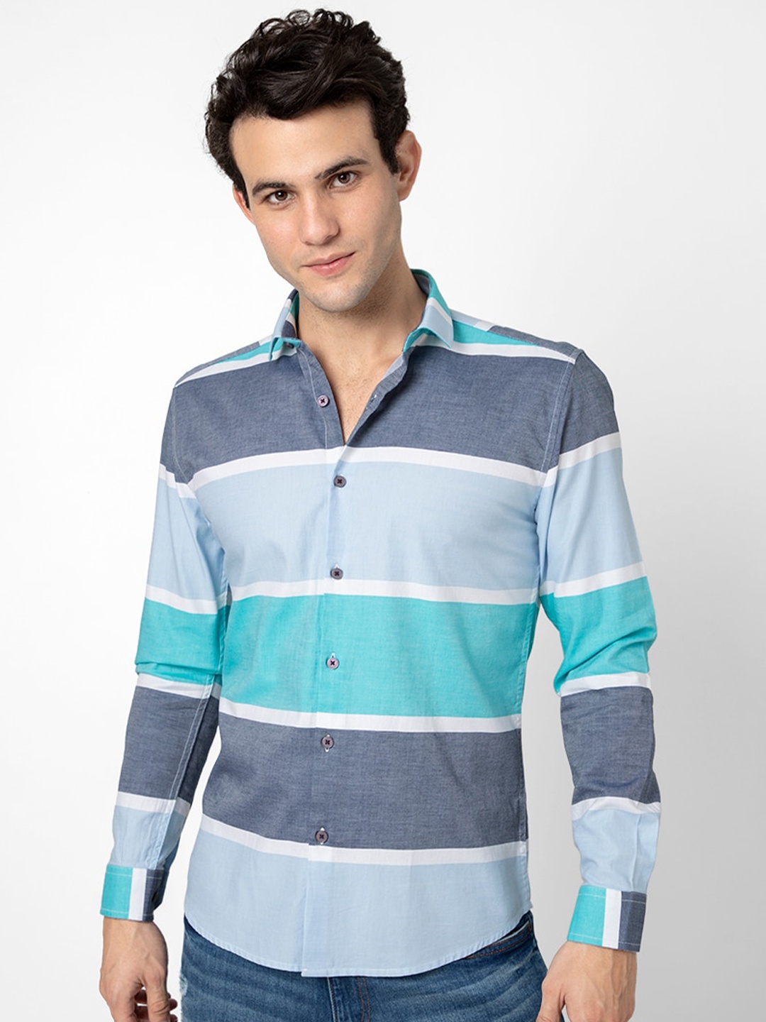 

Snitch Men Blue & Grey Horizontal Stripes Cotton Casual Shirt