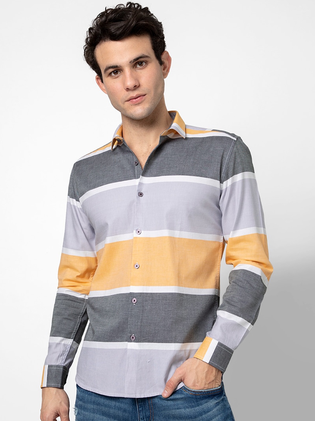 

Snitch Men Mustard & Grey Horizontal Stripes Cotton Slim Fit Casual Shirt