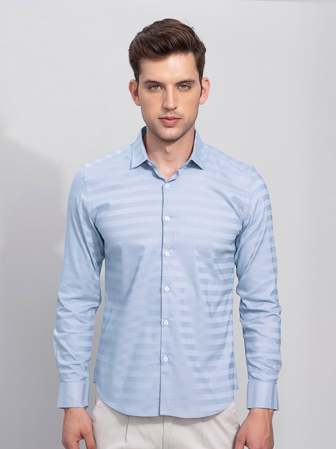 

Snitch Men Horizontal Stripes Cotton Casual Shirt, Blue