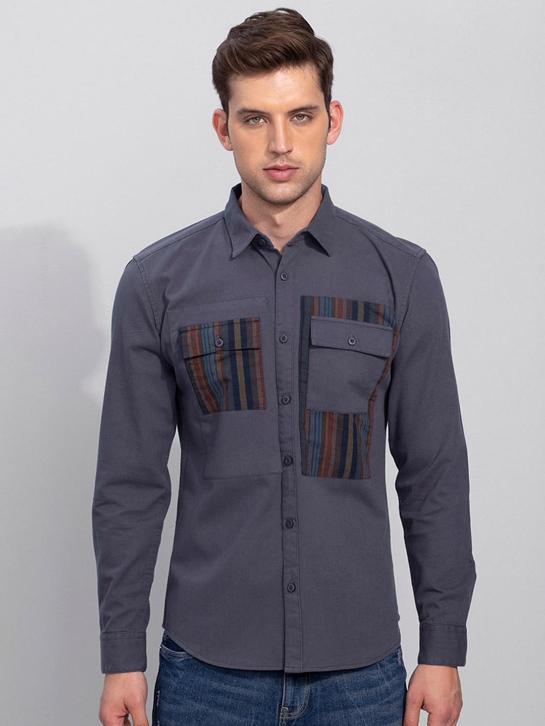 

Snitch Men Grey Slim Fit Cotton Casual Shirt