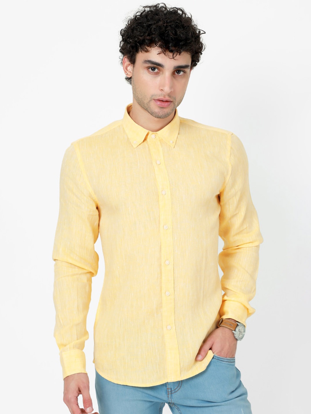 

Snitch Men Yellow Slim Fit Linen Casual Shirt