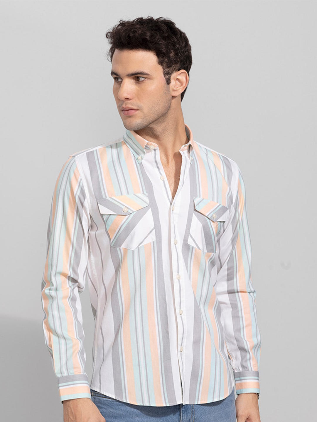 

Snitch Men White & Green Striped Slim Fit Cotton Casual Shirt