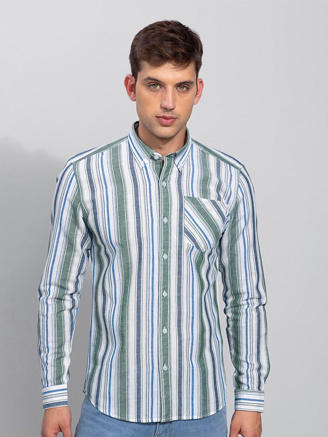 

Snitch Men Green & White Striped Slim Fit Cotton Casual Shirt