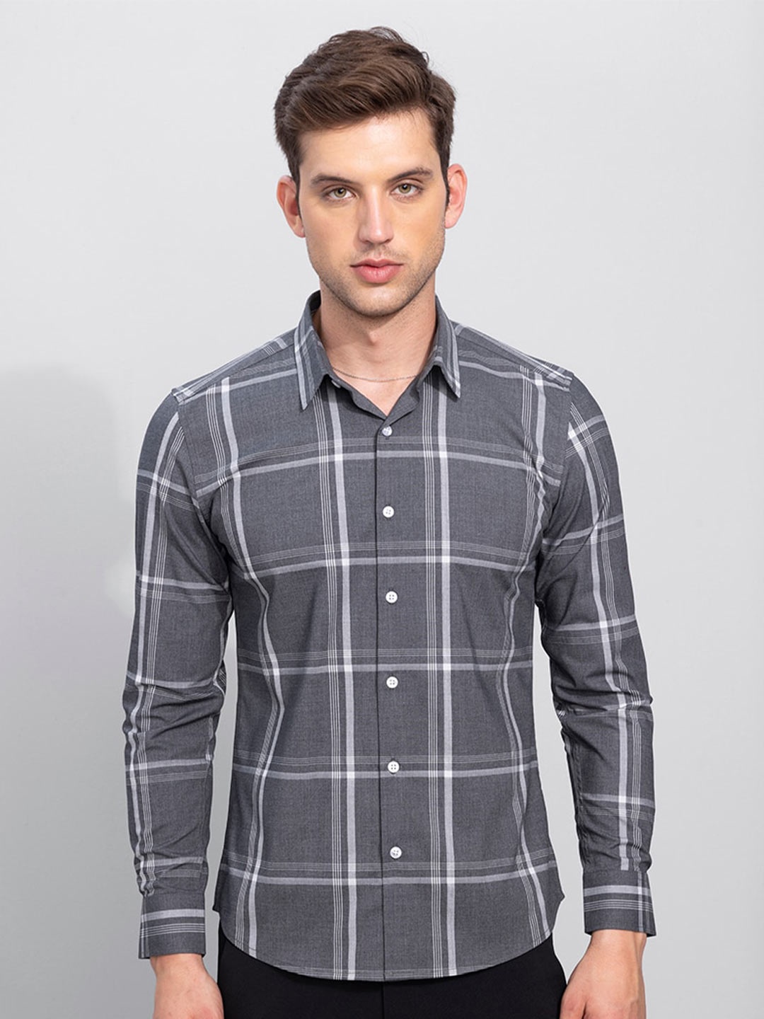 

Snitch Men Grey Windowpane Checks Cotton Casual Shirt