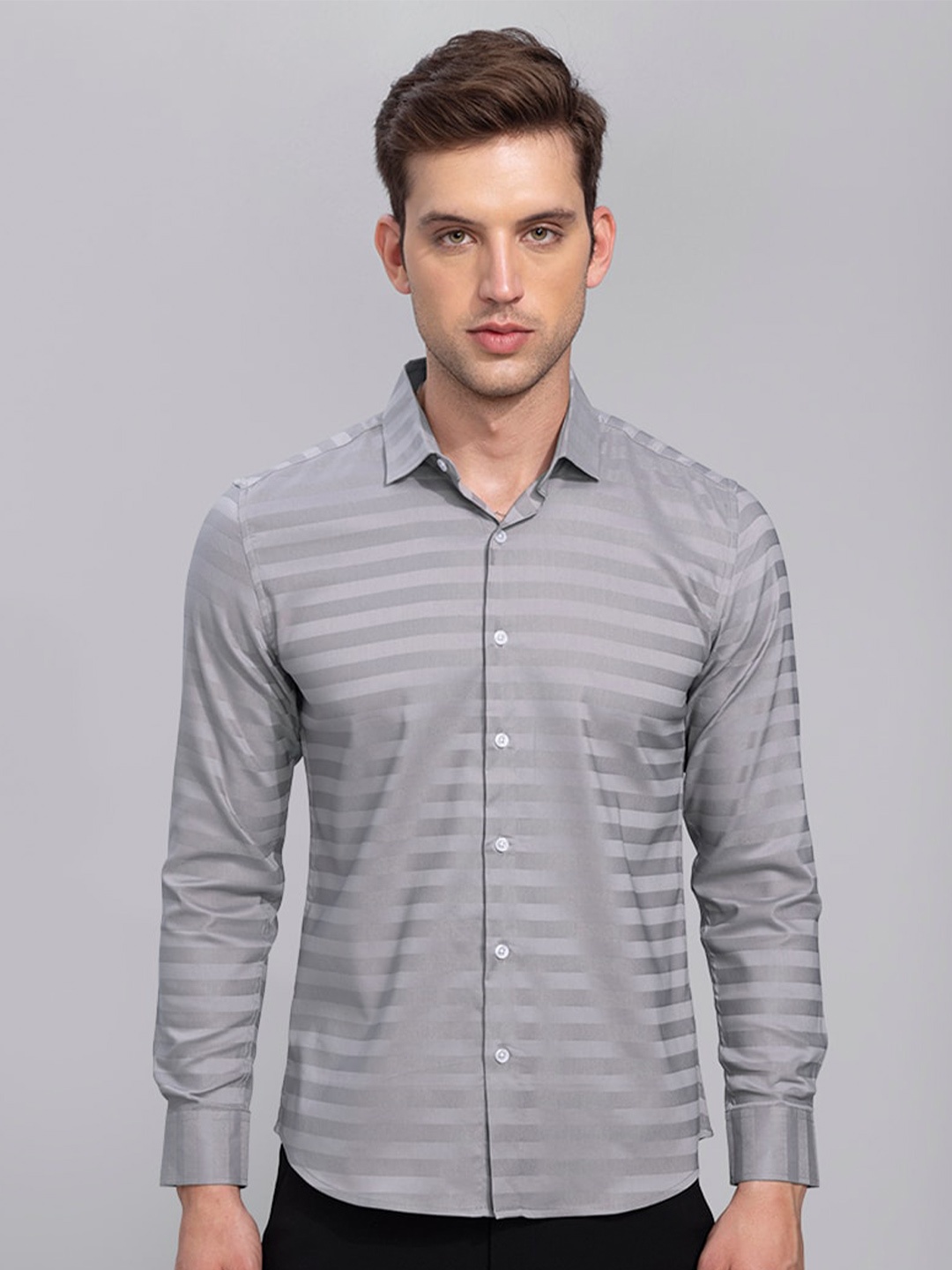 

Snitch Men Horizontal Stripes Slim Fit Cotton Casual Shirt, Grey