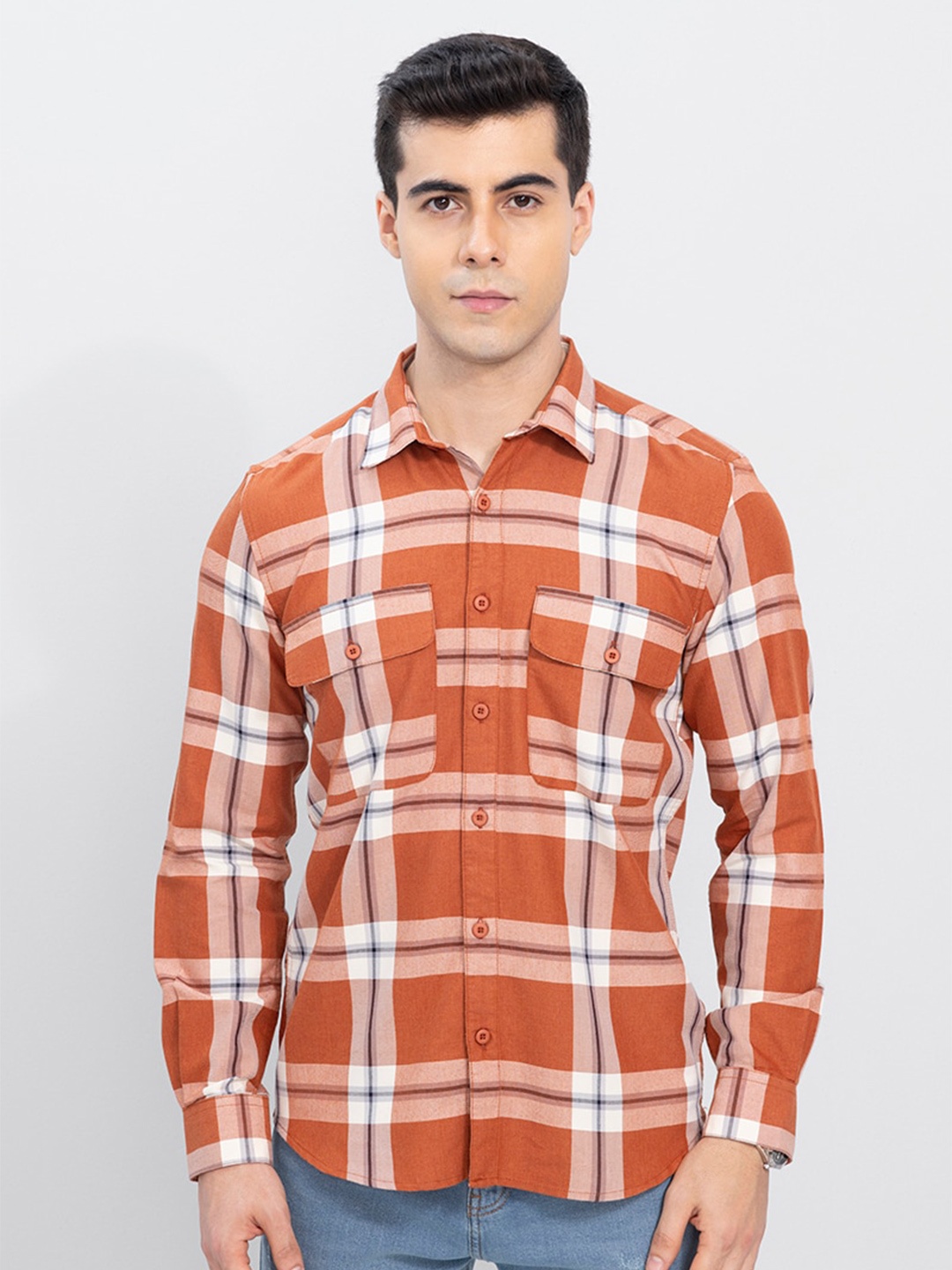 

Snitch Men Orange & White Tartan Checks Slim Fit Cotton Casual Shirt
