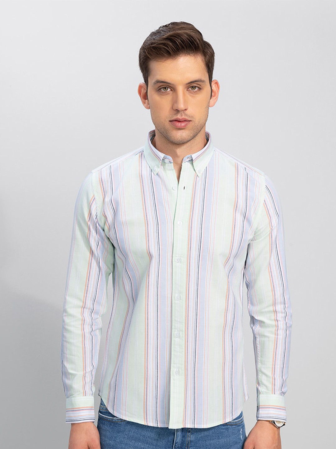 

Snitch Men Green & Blue Striped Slim Fit Cotton Casual Shirt