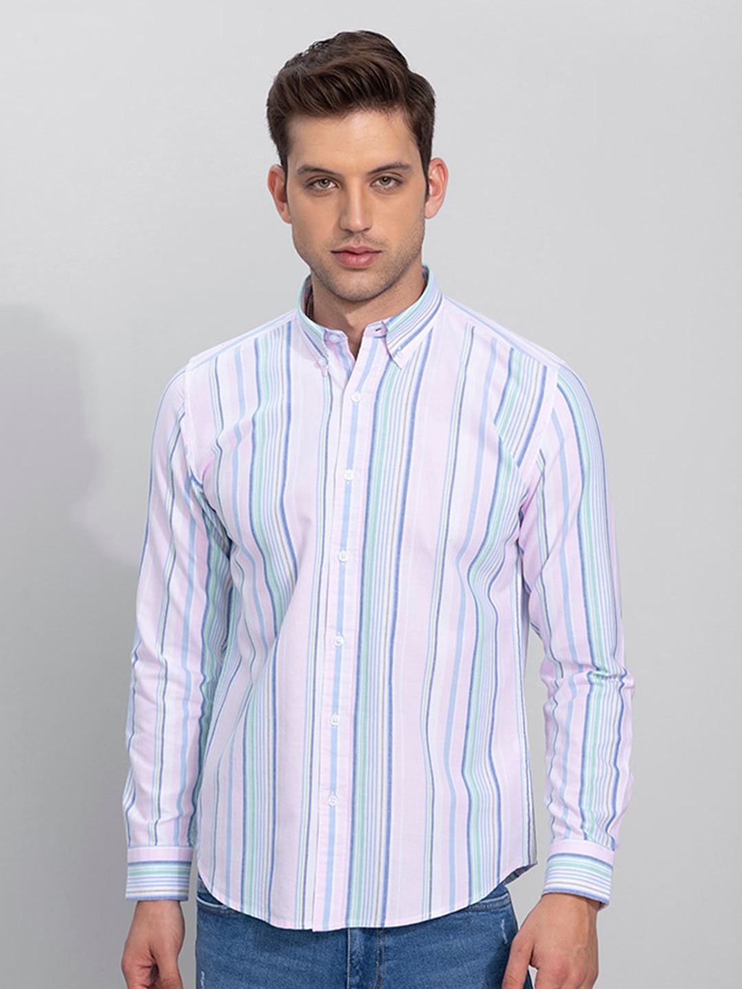 

Snitch Men Pink & Blue Vertical Striped Slim Fit Cotton Casual Shirt
