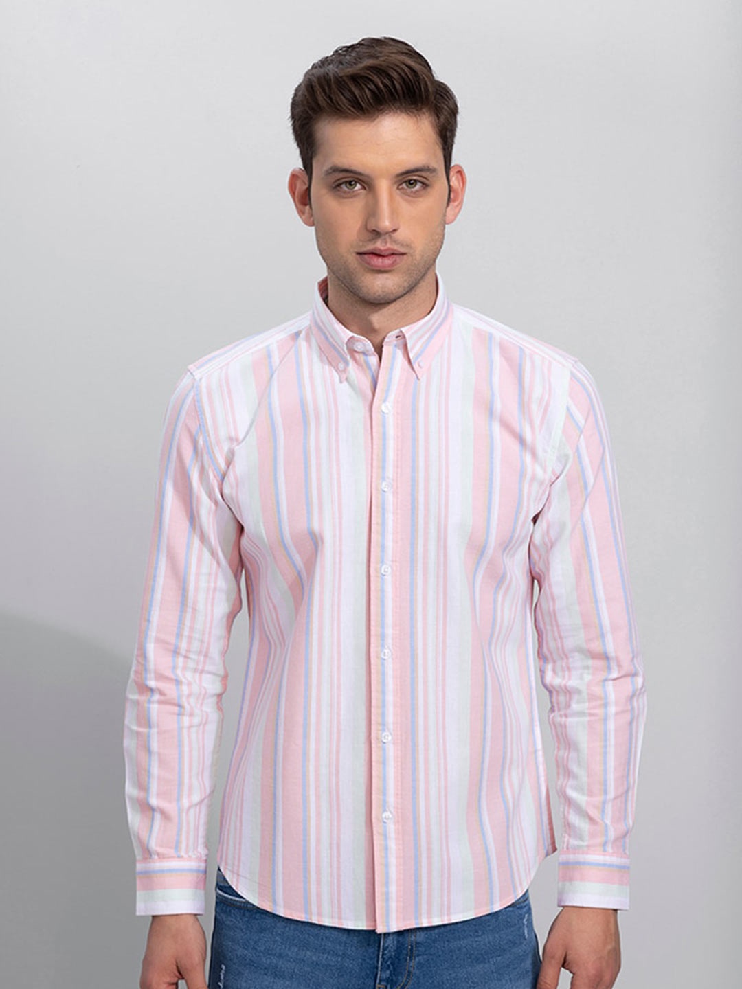 

Snitch Men Pink & White Vertical Striped Slim Fit Cotton Casual Shirt