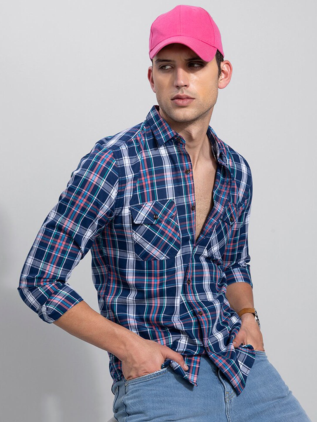 

Snitch Men Navy Blue & White Tartan Checks Slim Fit Cotton Casual Shirt