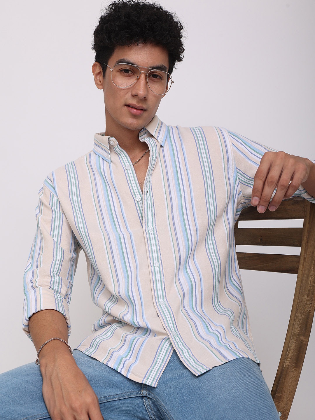 

Snitch Men Beige & Green Vertical Stripes Slim Fit Cotton Casual Shirt