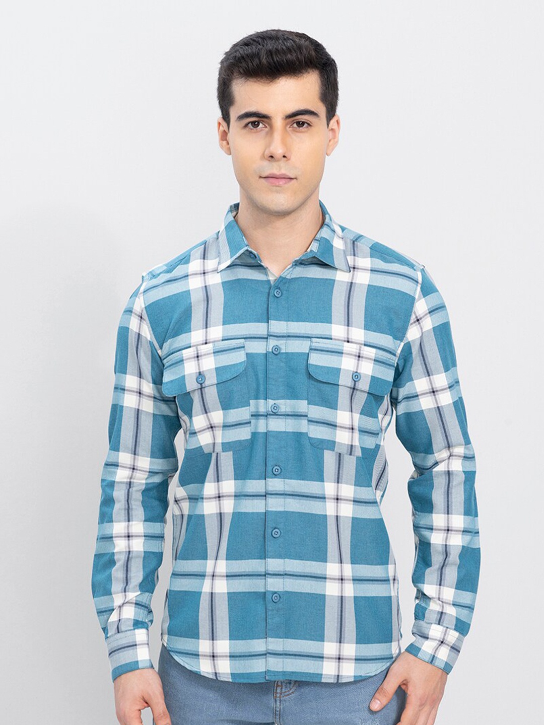 

Snitch Men Blue & White Tartan Checks Slim Fit Cotton Casual Shirt