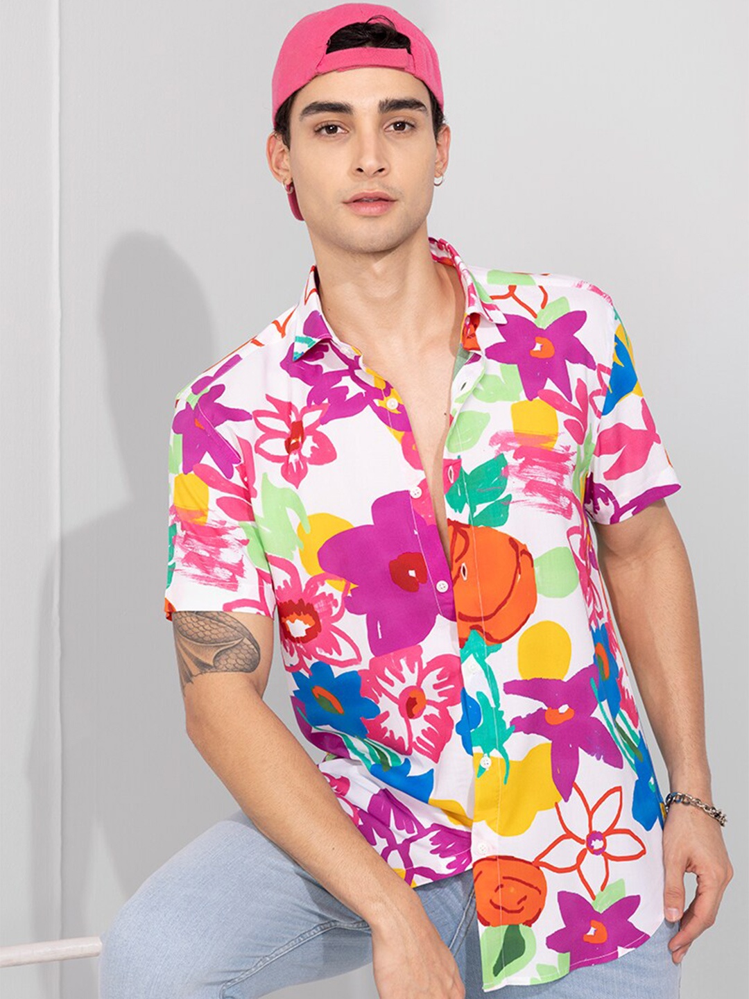 

Snitch Men Slim Fit Floral Printed Casual Cotton Shirt, Pink