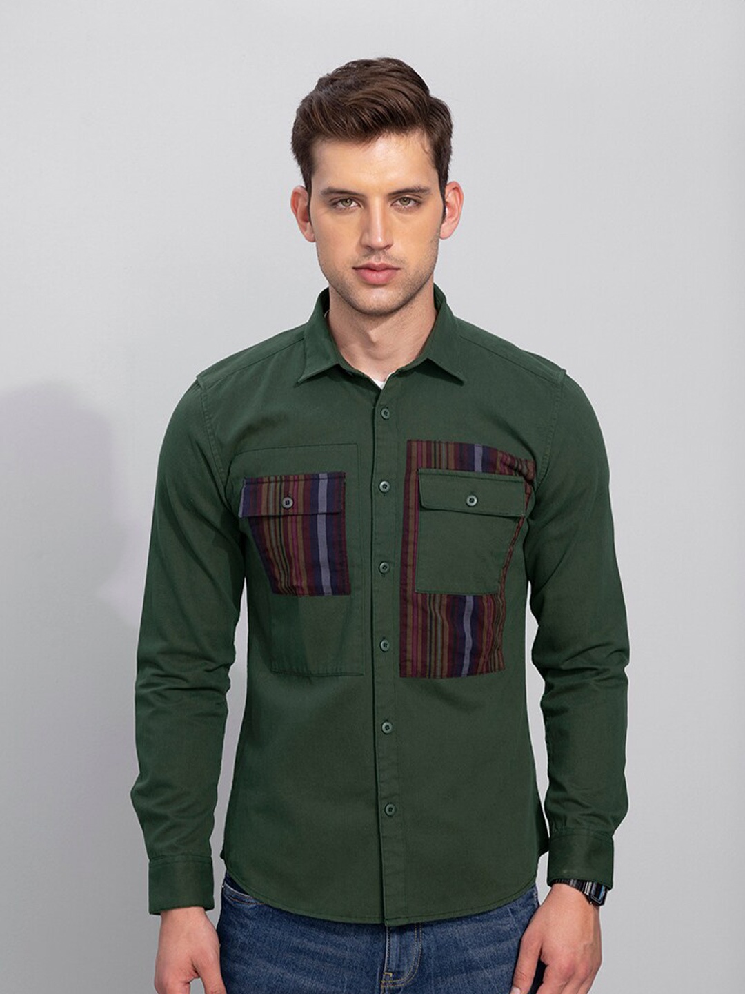 

Snitch Men Olive Green Slim Fit Casual Cotton Shirt