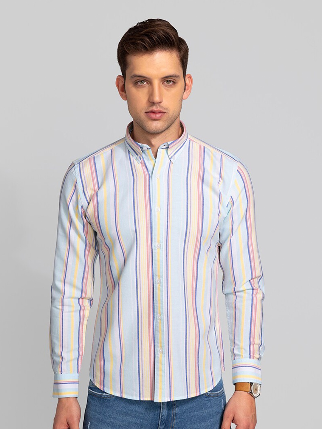 

Snitch Men Slim Fit Multi Stripes Casual Cotton Shirt, Blue