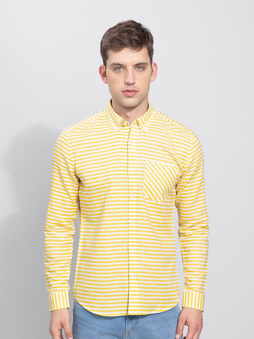 

Snitch Slim Fit Horizontal Stripes Casual Cotton Shirt, Yellow
