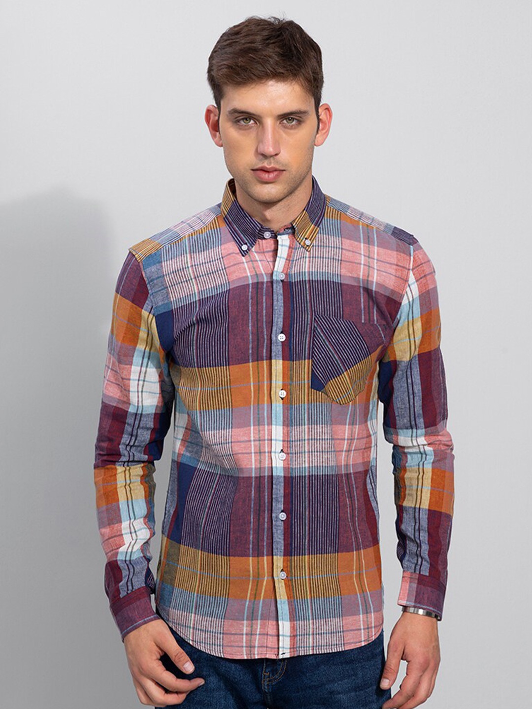 

Snitch Men Slim Fit Tartan Checks Casual Cotton Shirt, Purple