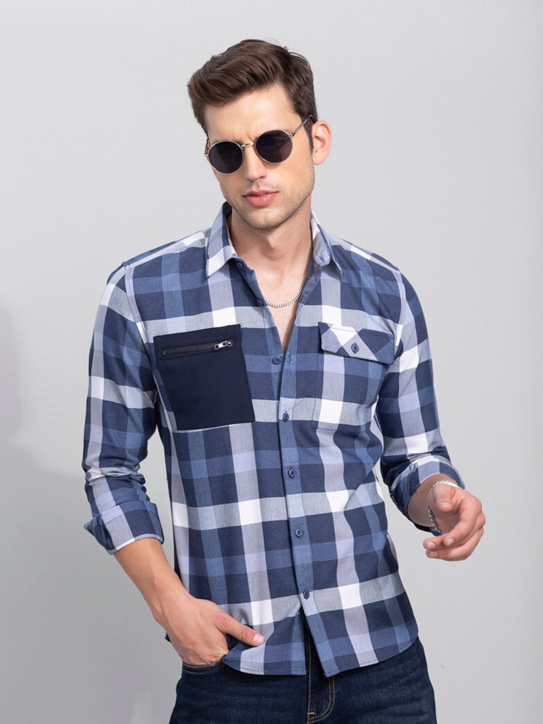 

Snitch Men Slim Fit Checked Casual Cotton Shirt, Blue