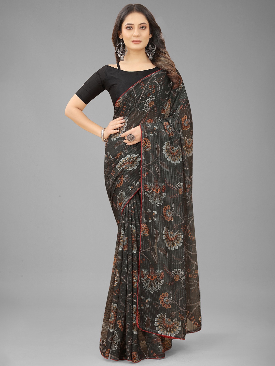 

Nityanta Fab Black & Orange Floral Sequinned Saree