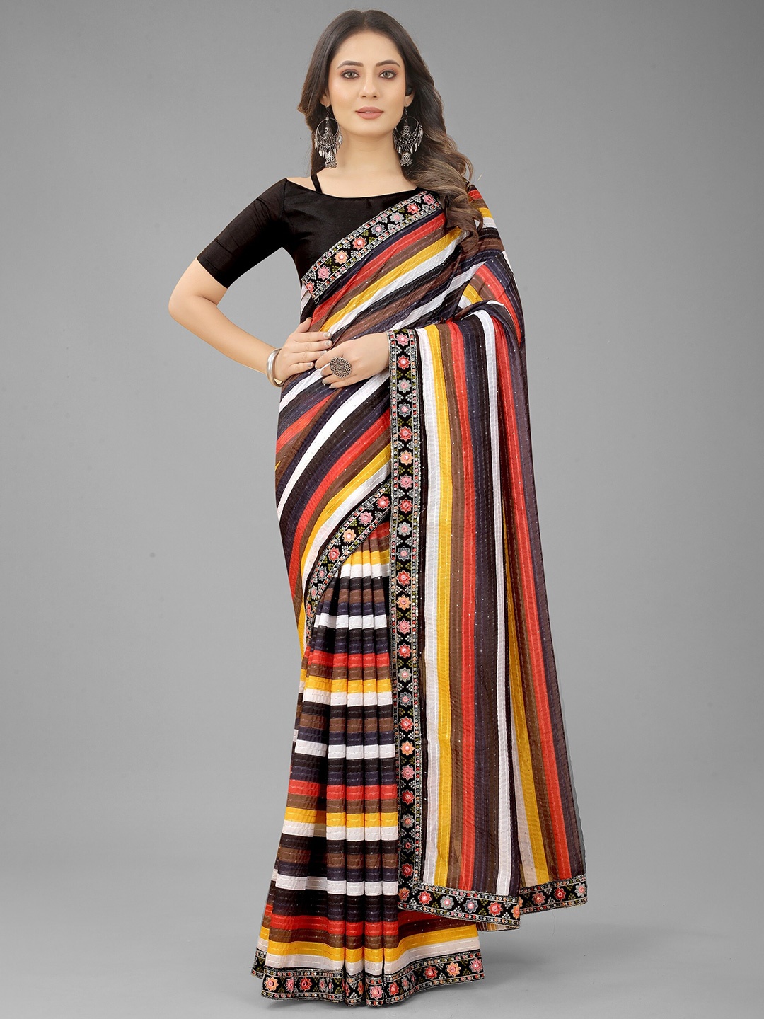 

Nityanta Fab White & Orange Striped Ikat Saree