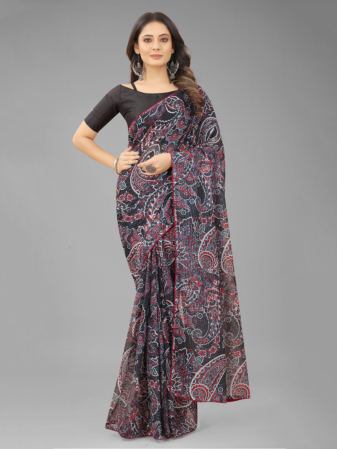 

Nityanta Fab Black & Red Floral Sequinned Ikat Saree