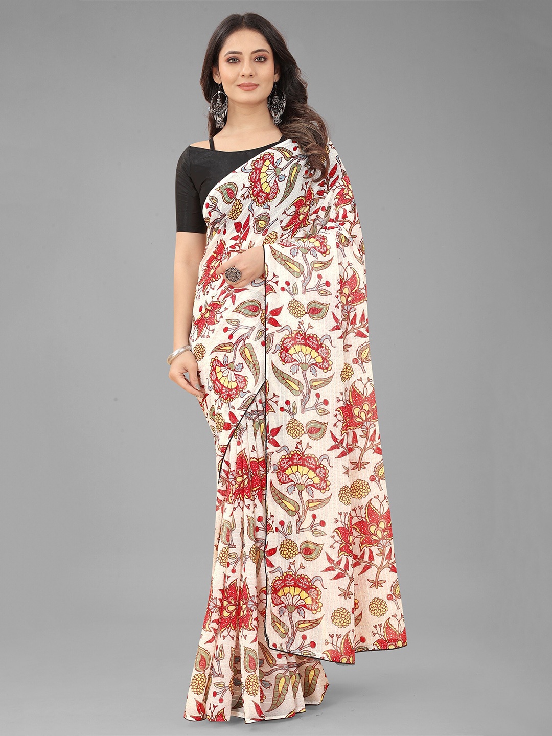 

Nityanta Fab Cream-Coloured & Red Floral Sequinned Ikat Saree