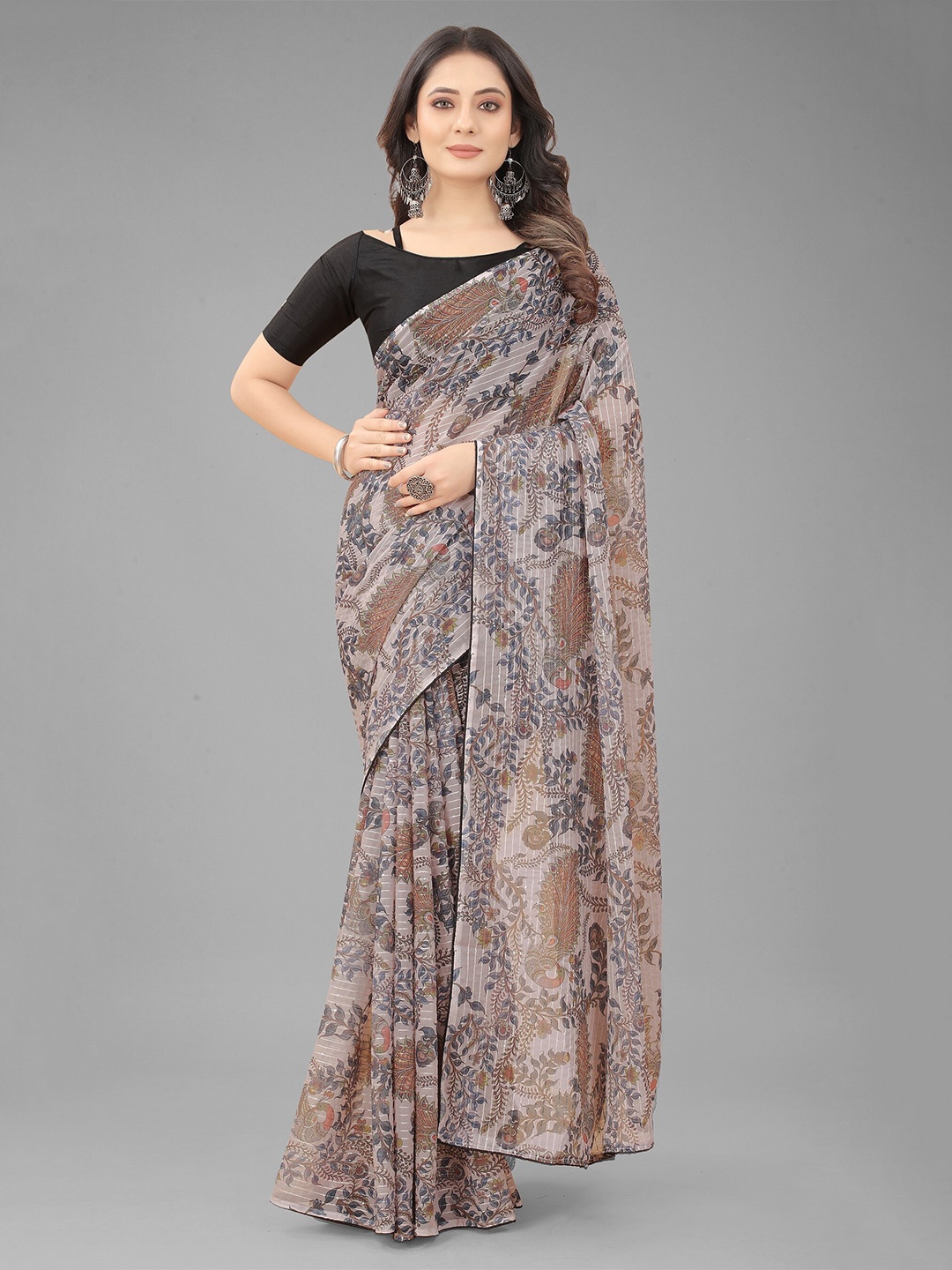 

Nityanta Fab Grey & Blue Floral Sequinned Ikat Saree