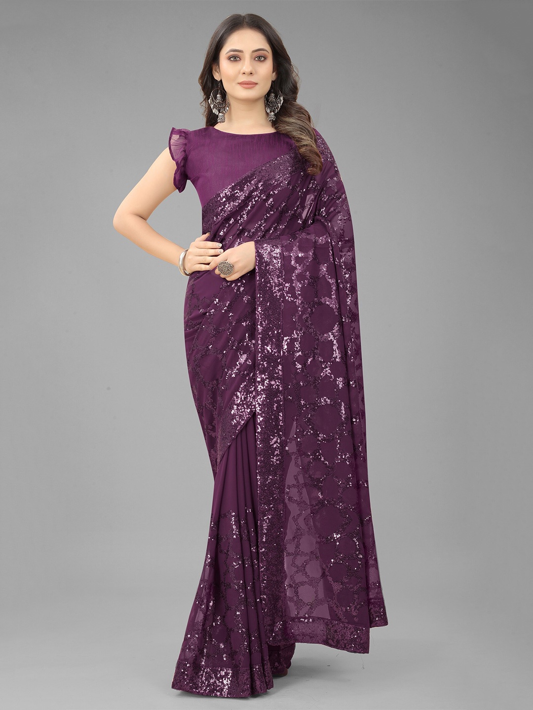 

Nityanta Fab Violet Embellished Sequinned Ikat Saree