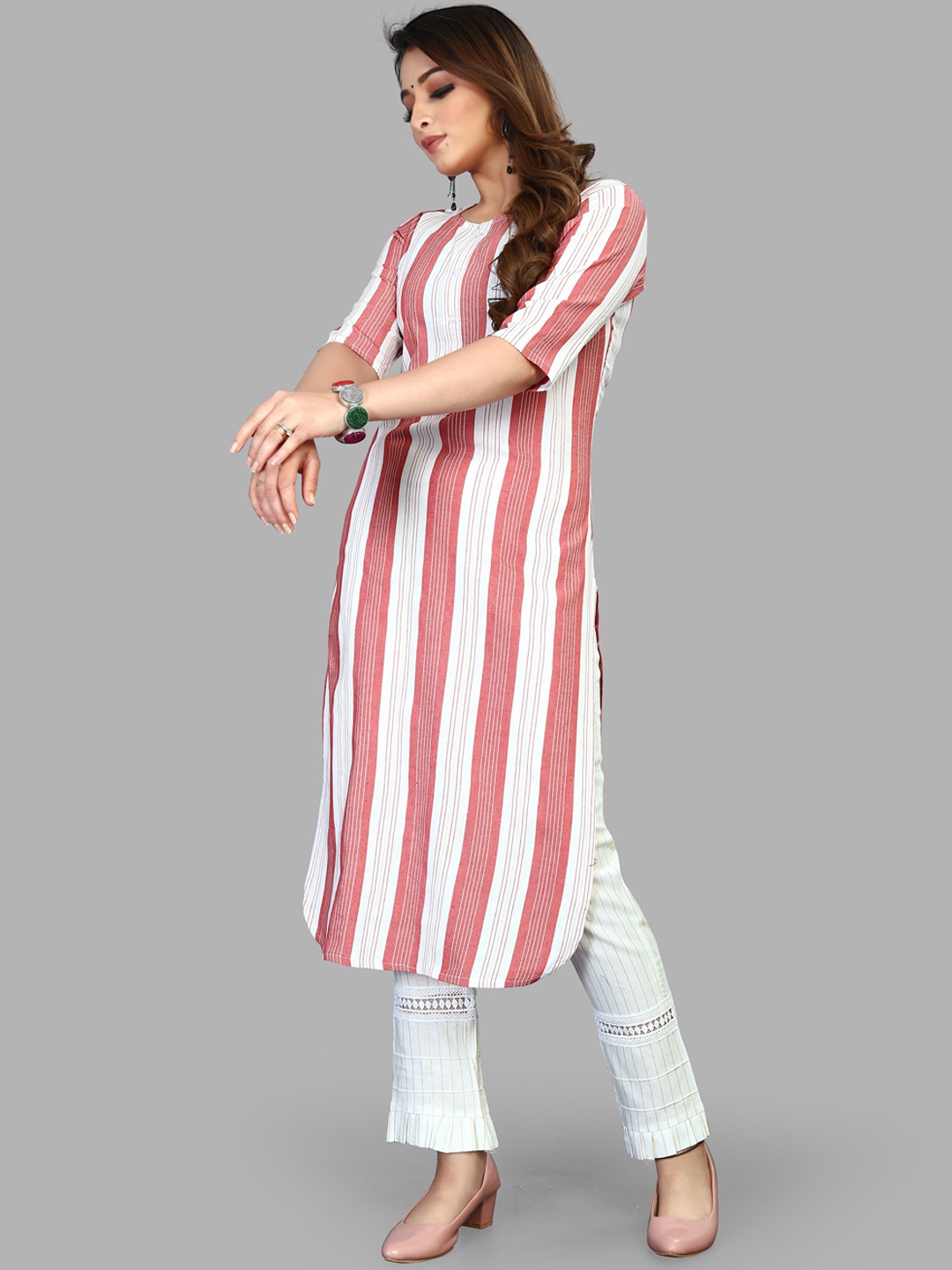 

Fashion FRICKS Women Red Striped Pure Cotton Kurti with Churidar