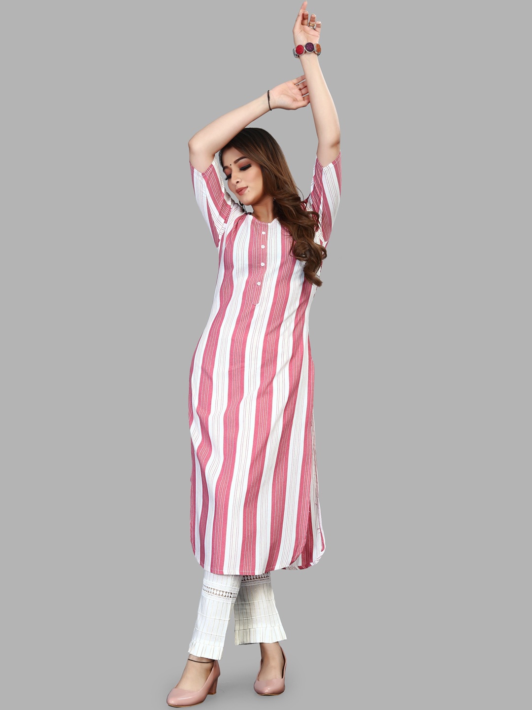 

Fashion FRICKS Women Pink Striped Pure Cotton Kurta with Trousers