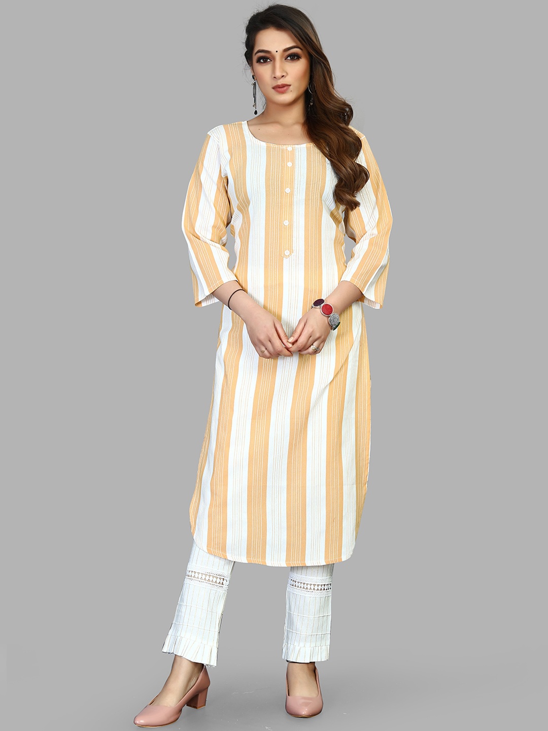 

Fashion FRICKS Women Yellow Striped Pure Cotton Kurta with Trousers