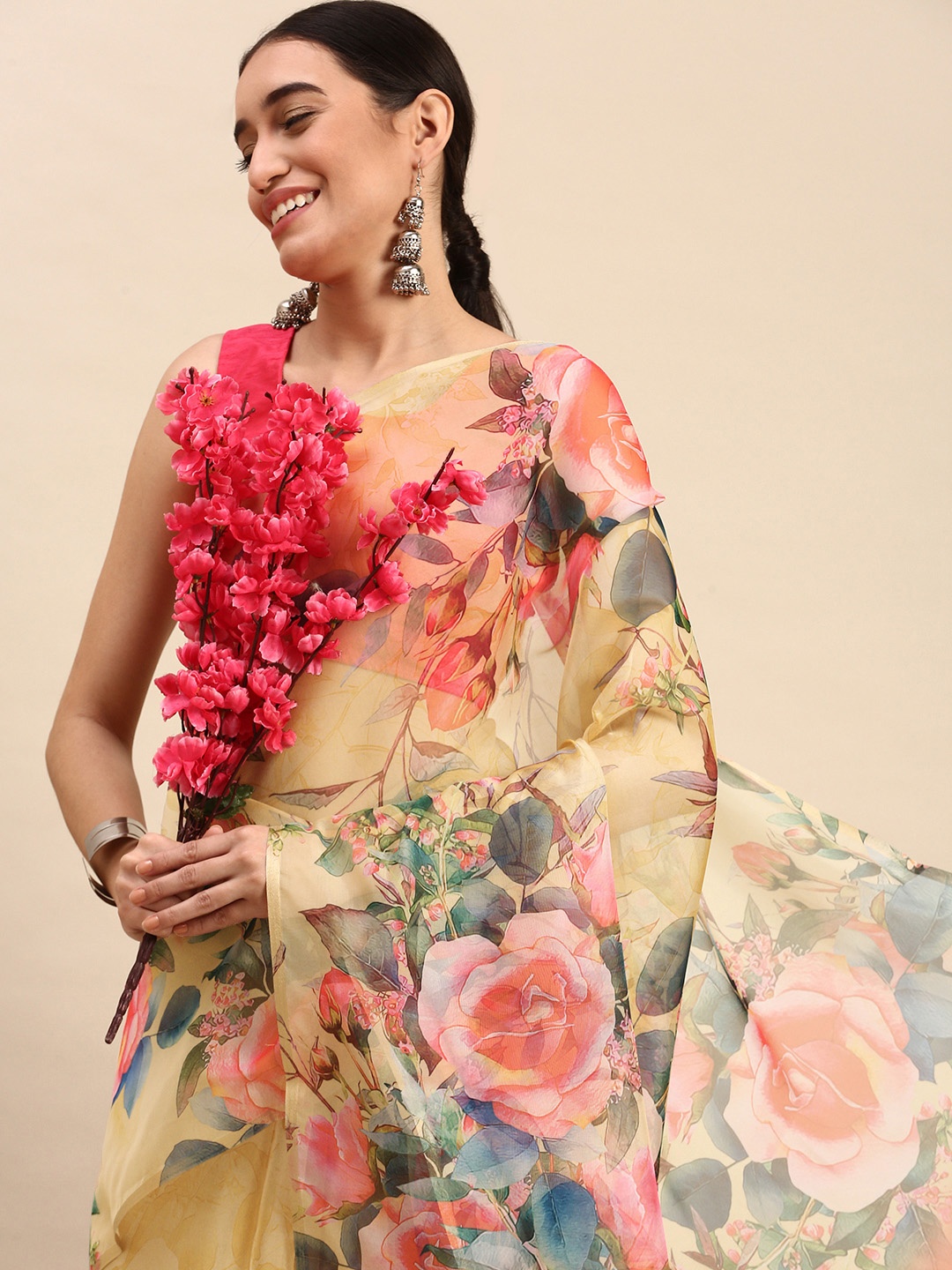 

SANGAM PRINTS Floral Organza Saree, Yellow
