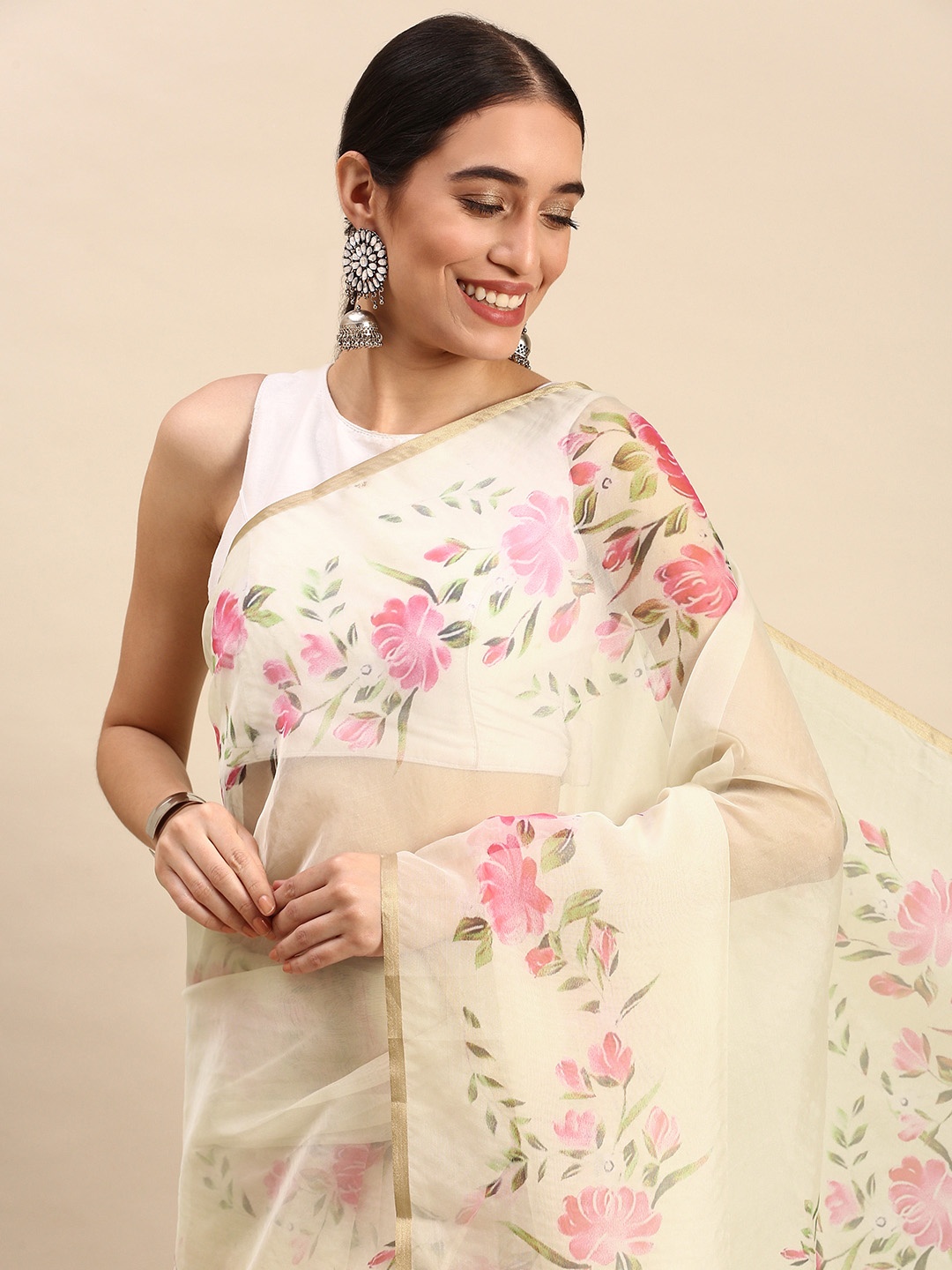 

SANGAM PRINTS Floral Organza Saree, Off white