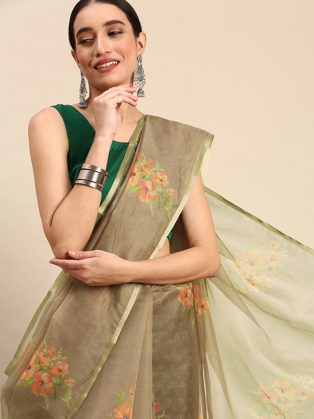 

SANGAM PRINTS Floral Organza Saree, Brown