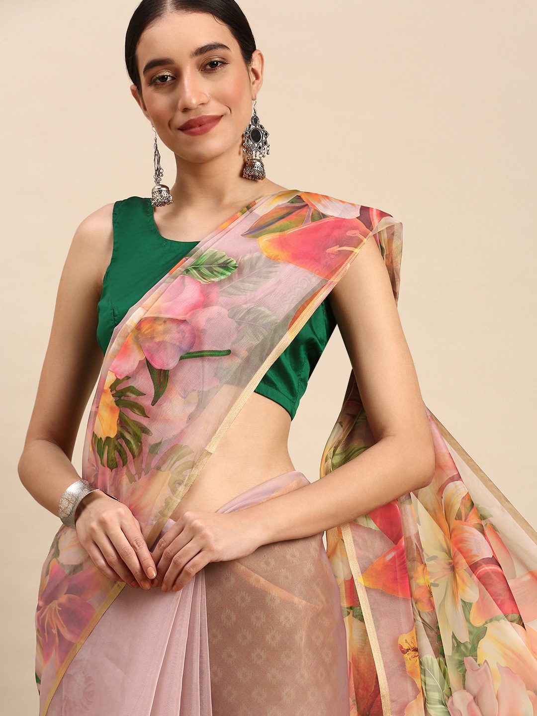 

SANGAM PRINTS Floral Print Organza Saree, Pink