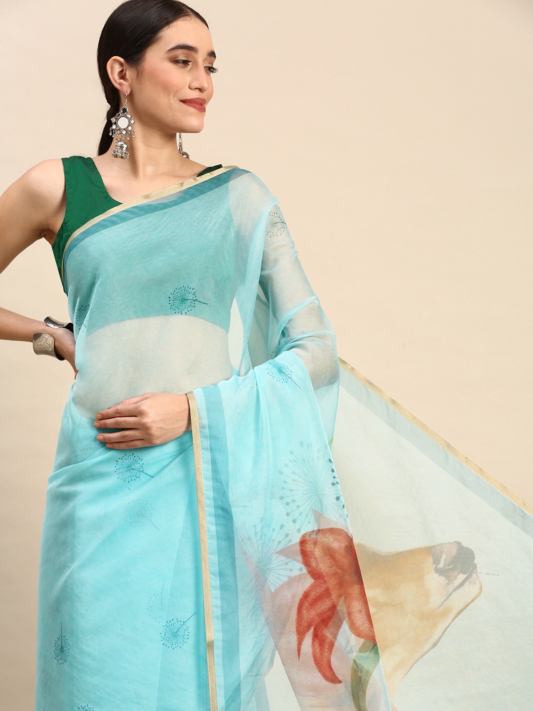 

SANGAM PRINTS Blue Floral Print Organza Saree