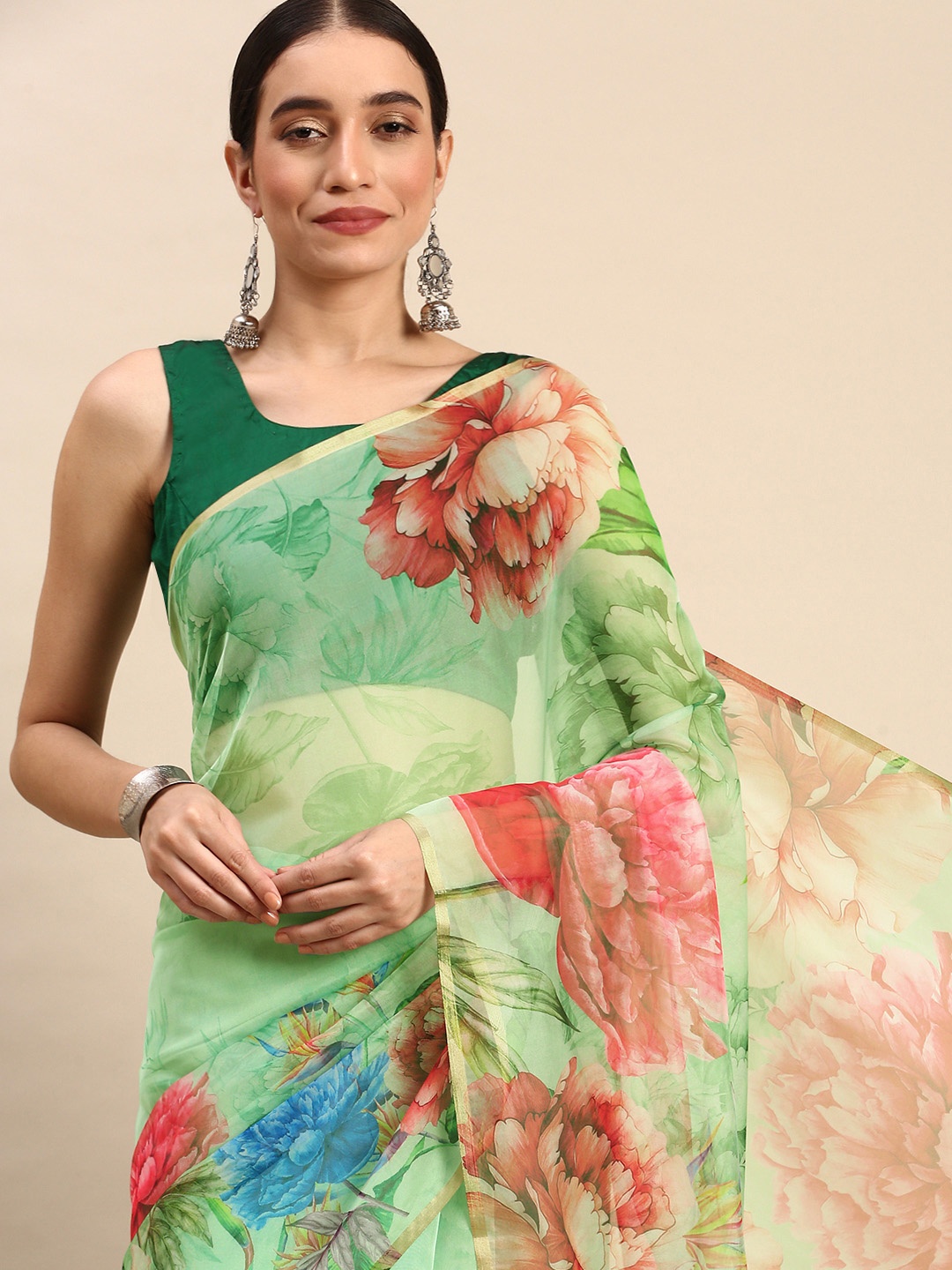 

SANGAM PRINTS Floral Print Organza Saree, Green