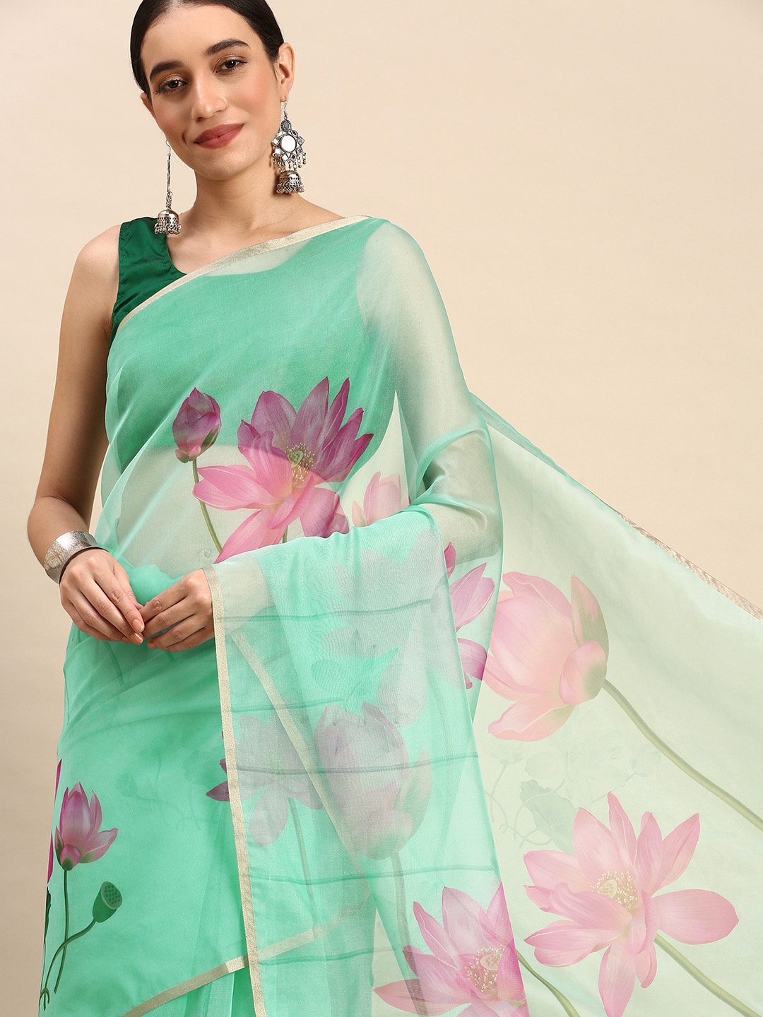 

SANGAM PRINTS Floral Print Organza Saree, Sea green