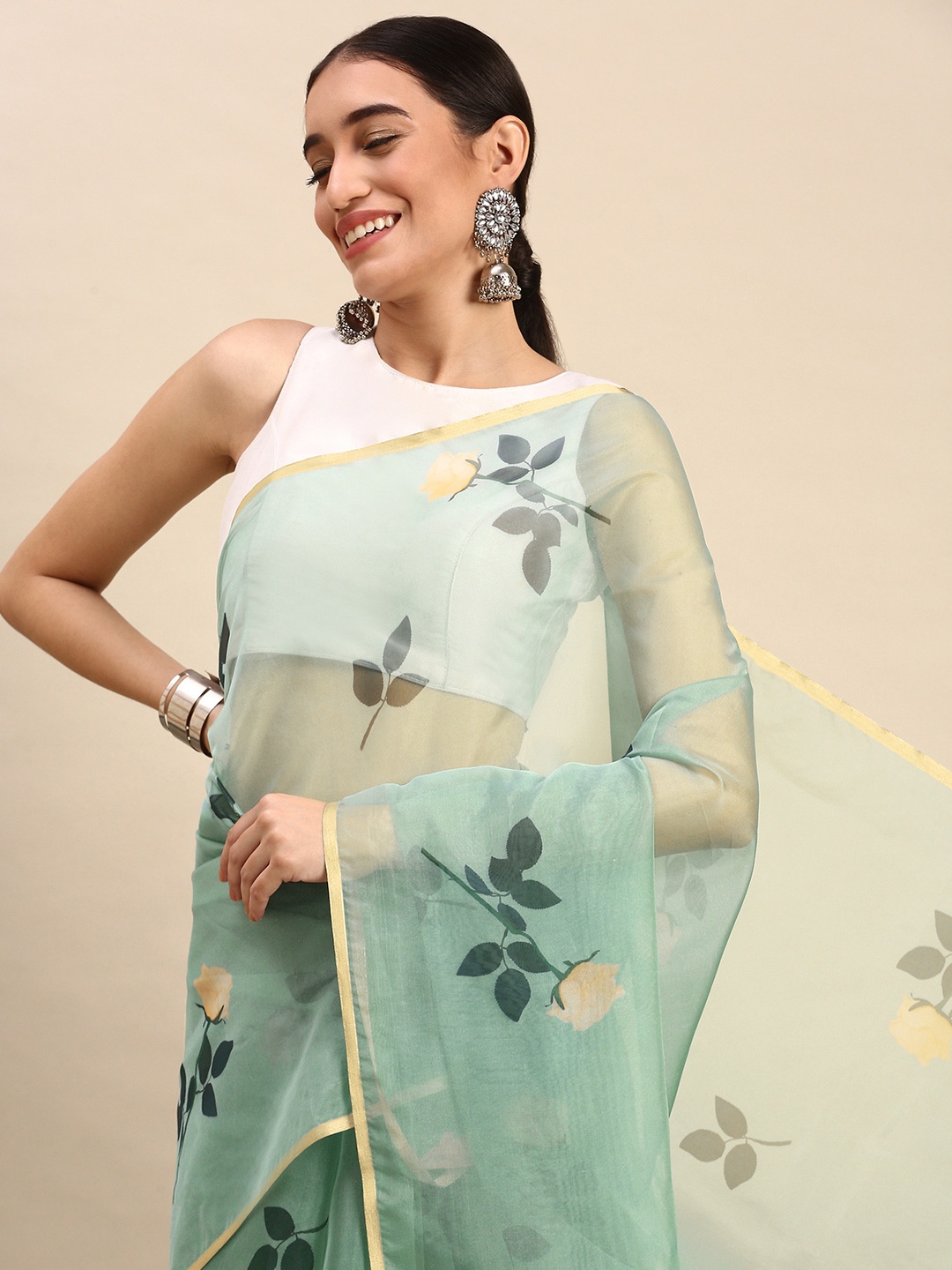 

SANGAM PRINTS Floral Organza Saree, Green