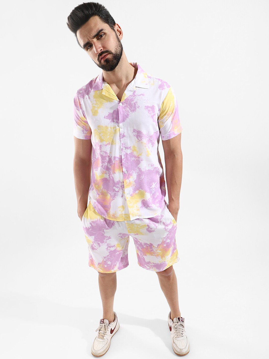 

Campus Sutra Men White & Purple Dyed Pure Cotton Shirt With Shorts