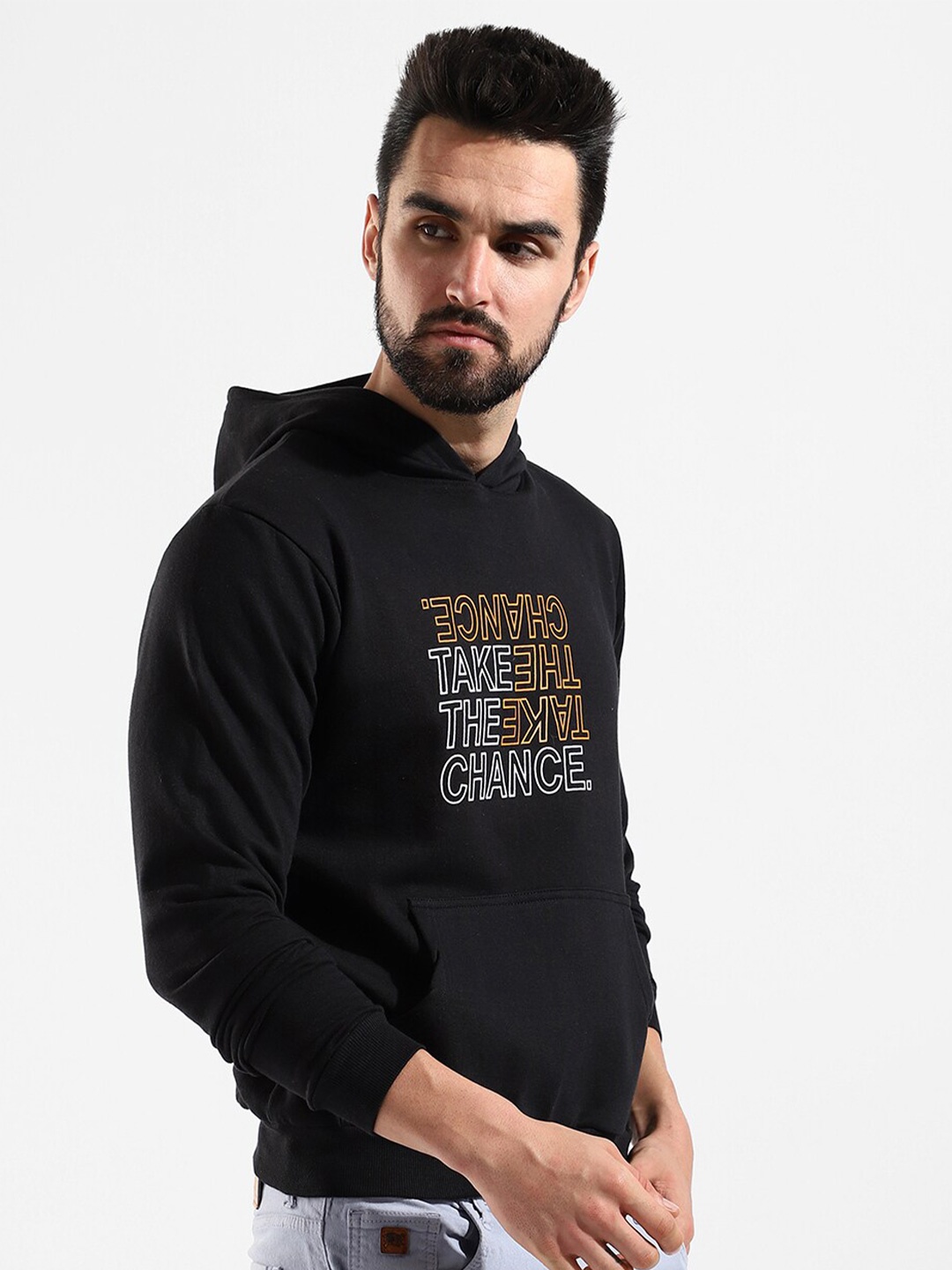 

Campus Sutra Men Black Printed Hooded Cotton Sweatshirt