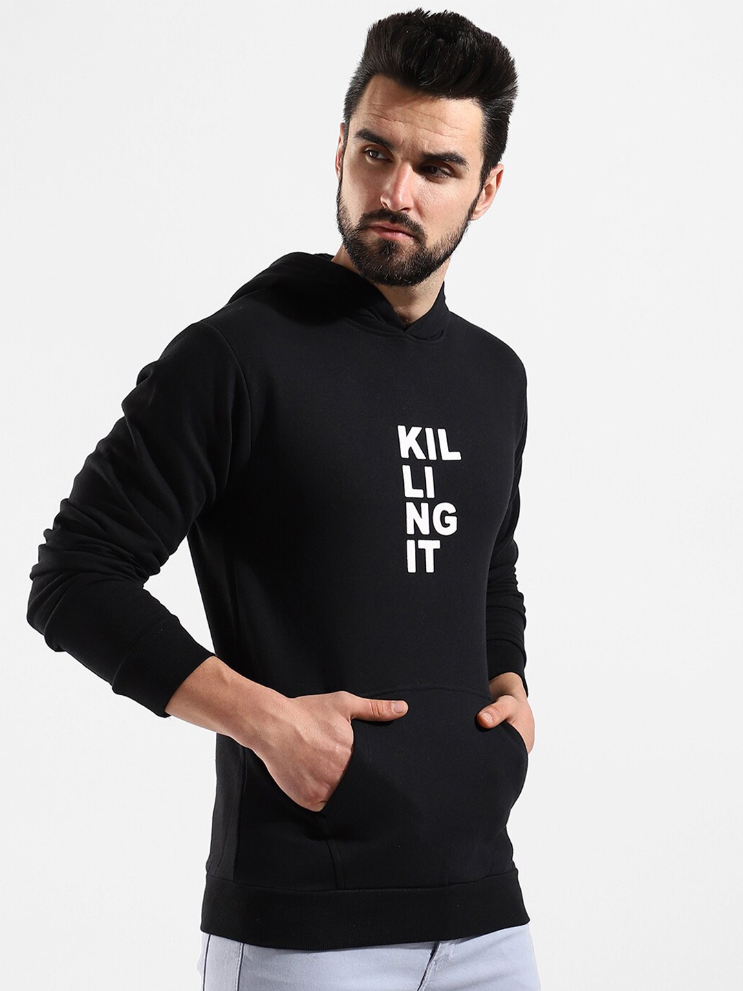 

Campus Sutra Men Black Printed Hooded Cotton Sweatshirt
